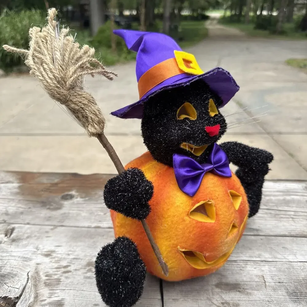 Vtg Fiber Optic Wizard Witch Black Cat Hat Jack ‘O Lantern Lighted 12” Halloween